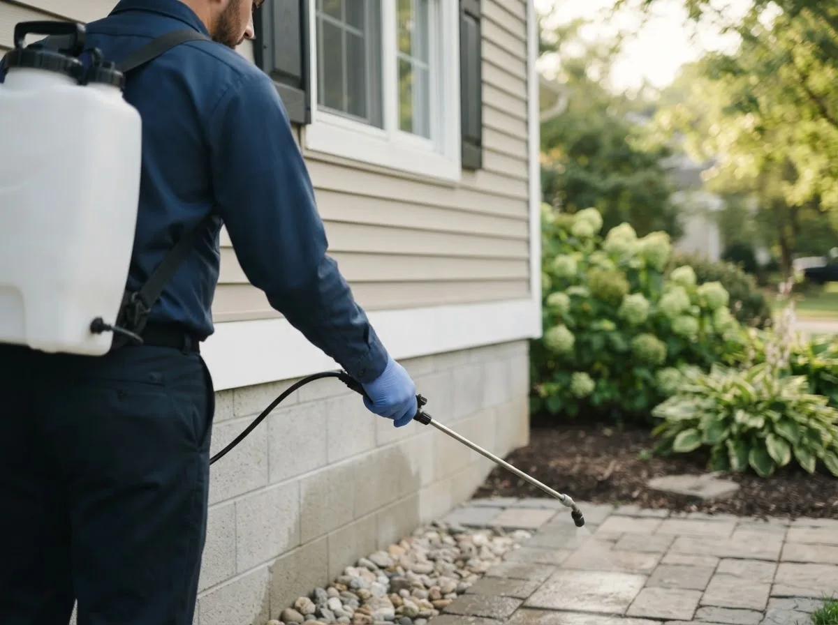 Pest control technician inspecting a home in Otisville, MI